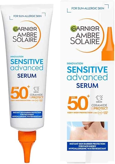 Garnier Ambre Solaire Sun Protection Serum SPF 50+ Face & Body, Non Sticky, Fluid Texture Non Greasy, No White Plaster, Sensitive Advanced, 125ml
